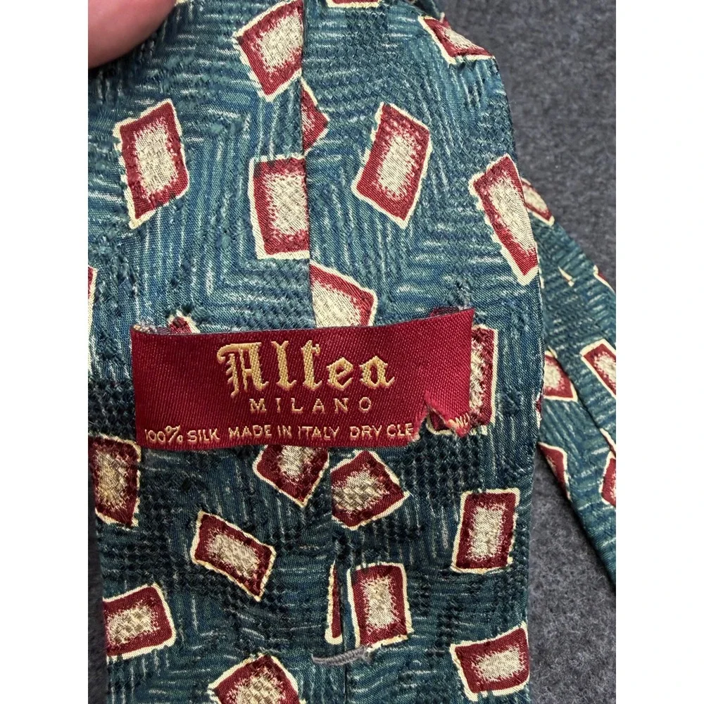 Altea Milano Silk Tie Italy Teal Green Geometric Burgundy Nate's Clothing Mens
